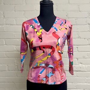 Mark Richards, Colorful Graphic V-Neck Sweater, Size L (Runs Small)